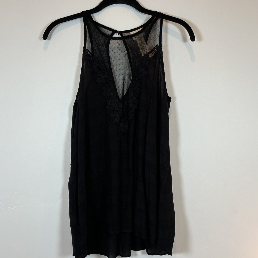 Daytrip Black Scoop Neck Woven Tan Lace Trim Sheer‎ Tank Top Small